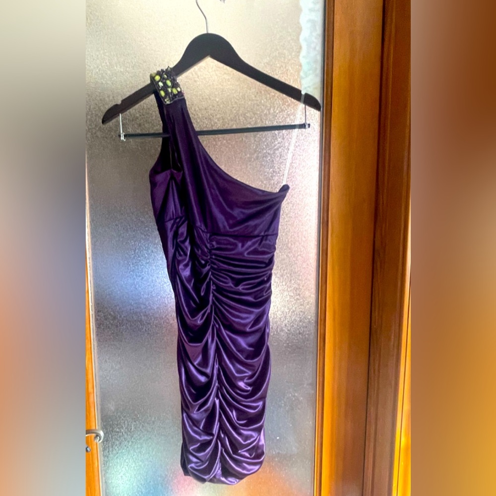 NWT-Speechless One Shoulder Ruched Satin Lined Dress-Color Eggplant Jewel Accent